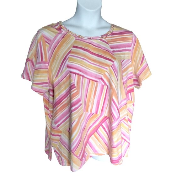 Alfred Dunner 3X Patch Striped Top Multicolor Gold Accent Neckline Short Sleeves - Picture 2 of 8